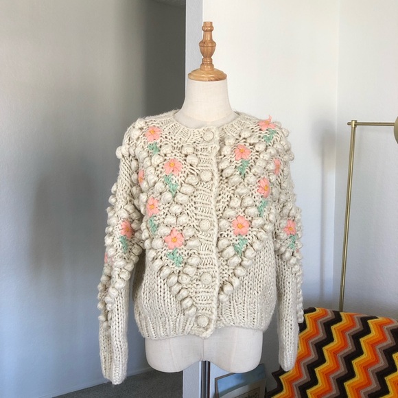 Sugar Trillz Cottagecore Boho Floral Chunky Knit Pom Pom Cardigan - Picture 1 of 10